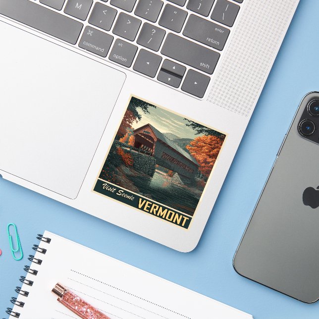 Pegatina Viaje de puente cubierto de Vermont Vintage (Ordenado portátil con iPhone)