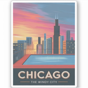 Pegatina Viaje de Vintage Chicago Sunset Skyline Cityscape