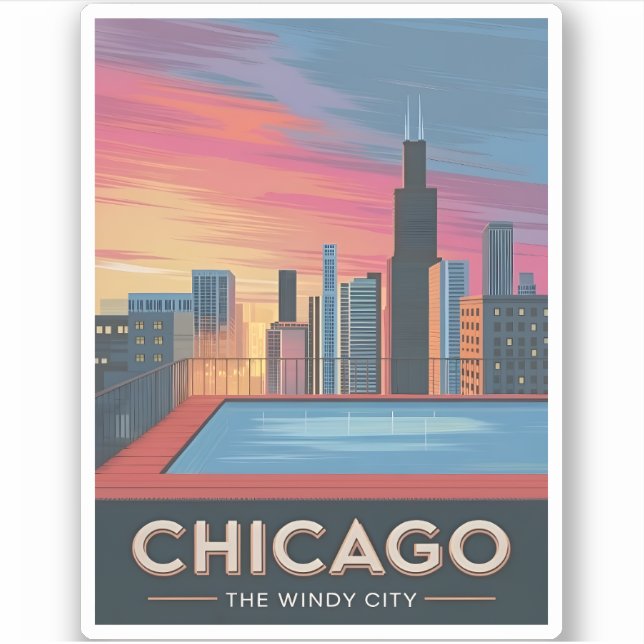 Pegatina Viaje de Vintage Chicago Sunset Skyline Cityscape (Anverso)