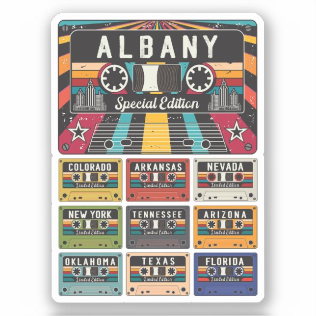 Pegatina Viaje en la ciudad de Albany (Anverso)