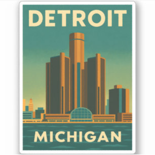 Pegatina Viaje Vintage Detroit Michigan Cityscape Retro