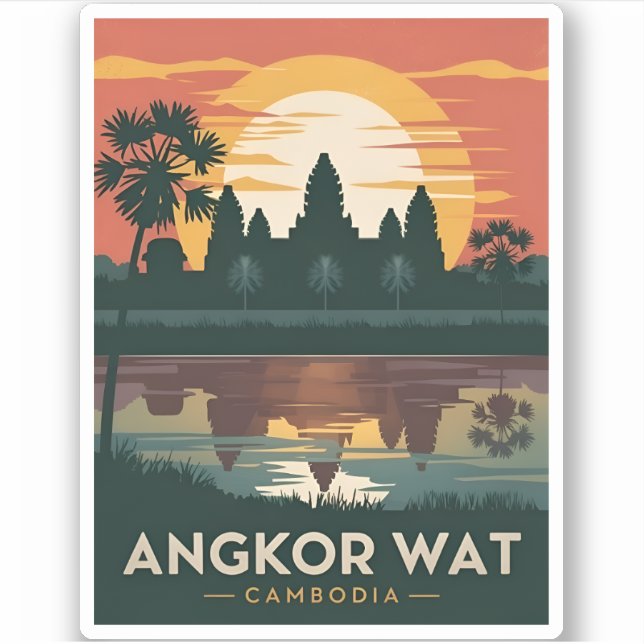 Pegatina Viajes de época Angkor Wat Cambodia Retro Sunset (Anverso)