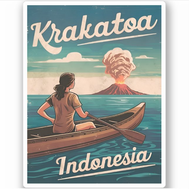 Pegatina Viajes de época Cracoatoa Indonesia Retro Escenari (Anverso)