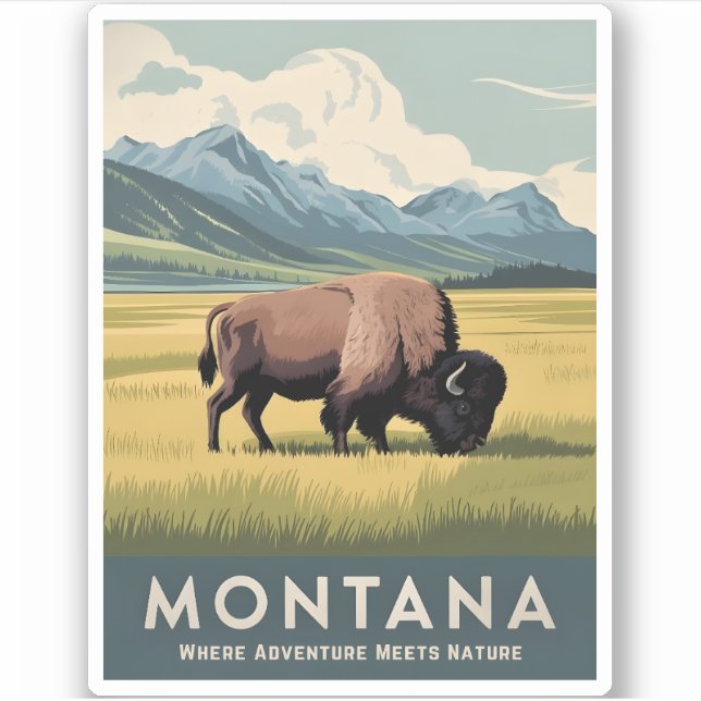 Pegatina Viajes de época Montana Bison Wildlife Retro Escen (Anverso)
