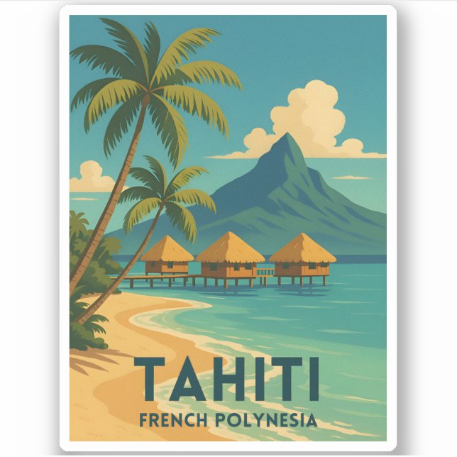 Pegatina Viajes de época Tahití Retro Playa de la Polinesia (Anverso)