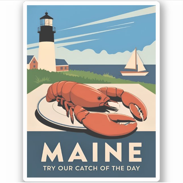 Pegatina Viajes Vintage Maine Lobster Seafood Retro Escenar (Anverso)