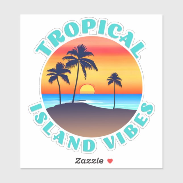 Pegatina Vibes tropicales, puesta de sol con palmeras (Hoja)