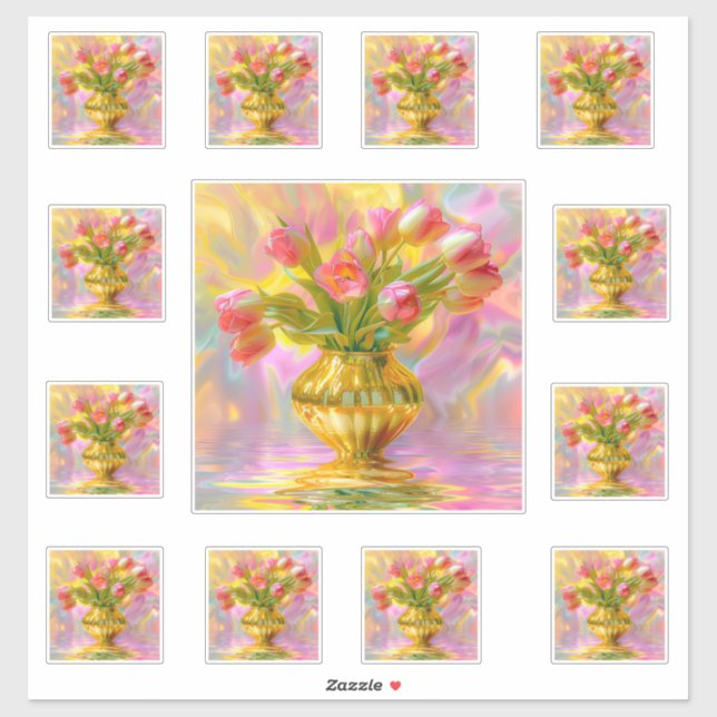 Pegatina Vibrant Pink Tulips in Golden Vase (Hoja)