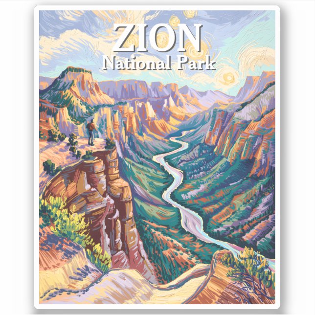 Pegatina Vibrant Zion National Park Canyon River Hiking Art (Anverso)