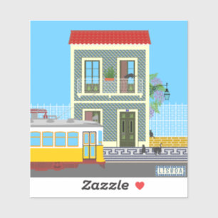 Pegatina Vieja casa de Lisboa con gatos y tranvía amarillo