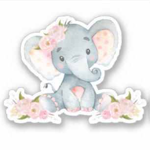 Pegatina Vinilo recortado de elefante bebé lindo con flores