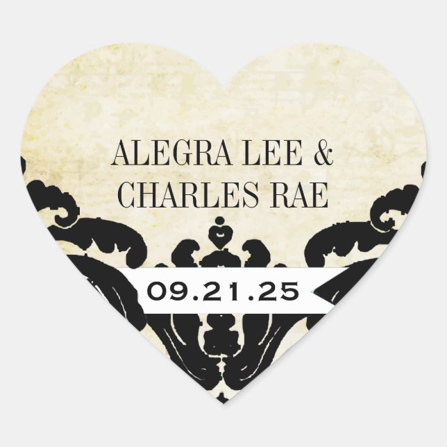 Pegatina Vintage Black Damask Wedding (Anverso)