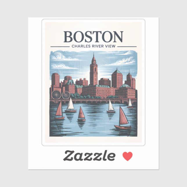 Pegatina Vintage Boston Massachusetts Cityscape & Sailboat (Hoja)