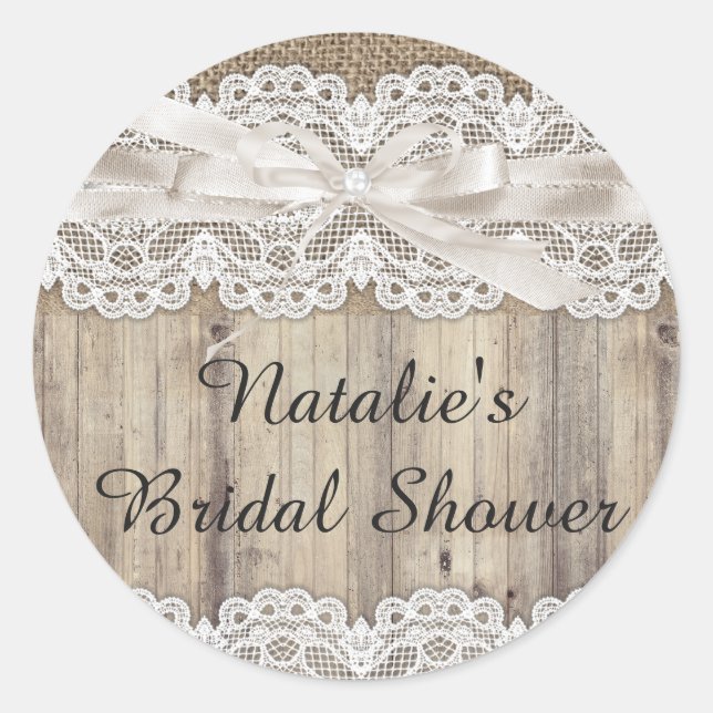 Pegatina Vintage Burlap & Lace Bridal Shower (Anverso)