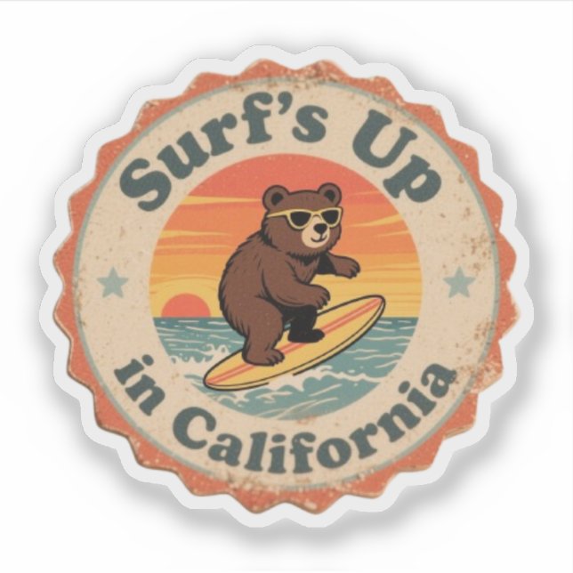 Pegatina Vintage California Surf's Up Surfing Bear (Anverso)