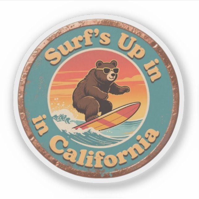 Pegatina Vintage California Surf's Up Surfing Bear (Anverso)