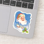 Pegatina Vintage Christmas, Retro Jolly Santa Claus<br><div class="desc">Diseño de vacaciones de Navidades de ilustracion de época con un Santa Claus flotante frente a un pueblo cubierto de nieve. Cinta con estrellas y Navidades enmarcan la escena.</div>