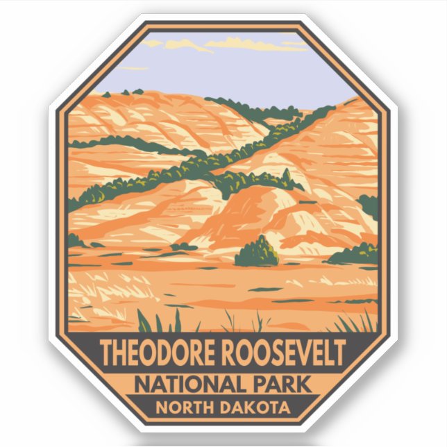 Pegatina Vintage del Parque Nacional Theodore Roosevelt (Anverso)