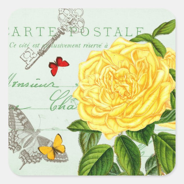 Pegatina vintage floral francés con hermoso rosa (Anverso)