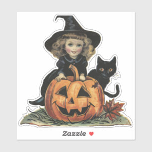 Pegatina Vintage Halloween Bruja con gato negro y calabaza