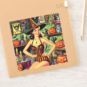 Pegatina Vintage Halloween Cute Witch Pinup