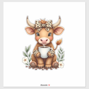 Pegatina Vintage Highland Cow Amante del Café Acuarela Boni