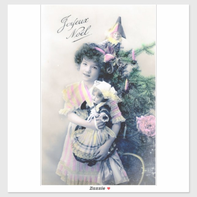 Pegatina Vintage Joyeux Noël con Chica y muñeca (Hoja)