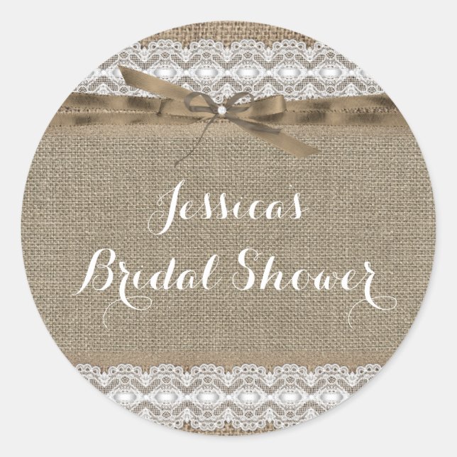 Pegatina Vintage Lace & Burlap Bridal Shower (Anverso)