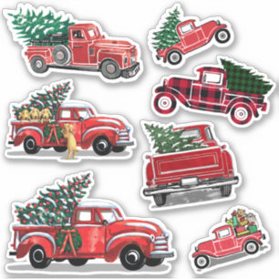 Pegatina Vintage Red Truck Christmas Tree Regalos de vacaci