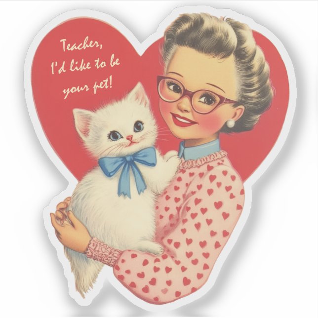 Pegatina Vintage Retro Valentine Teacher's Pet Cat (Anverso)