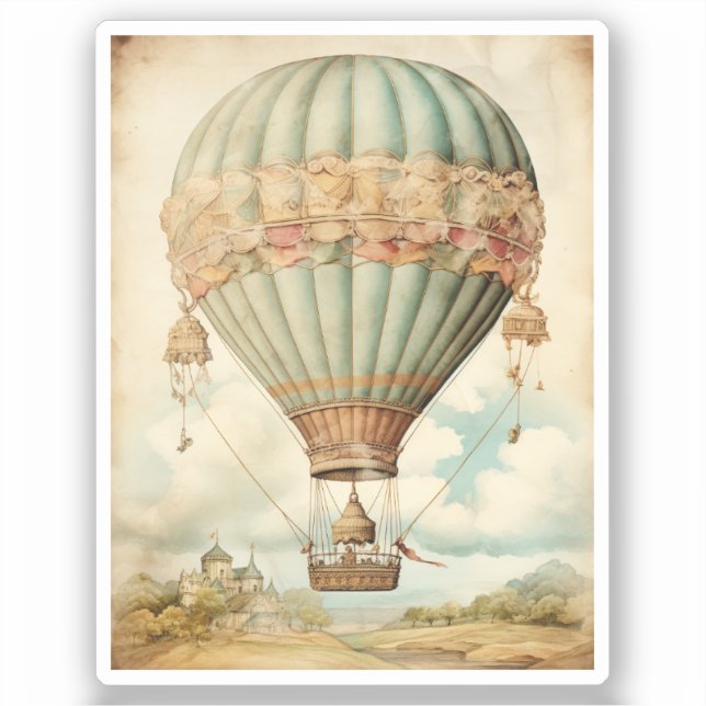 Pegatina Vintage Steampunk Blue Hot Air Balloon (Anverso)