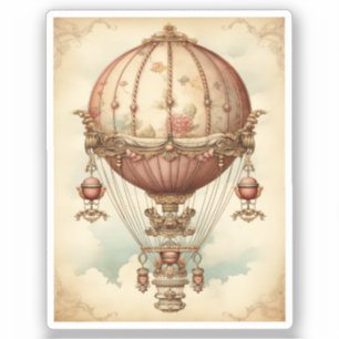 Pegatina Vintage Steampunk Pink Hot Air Balloon