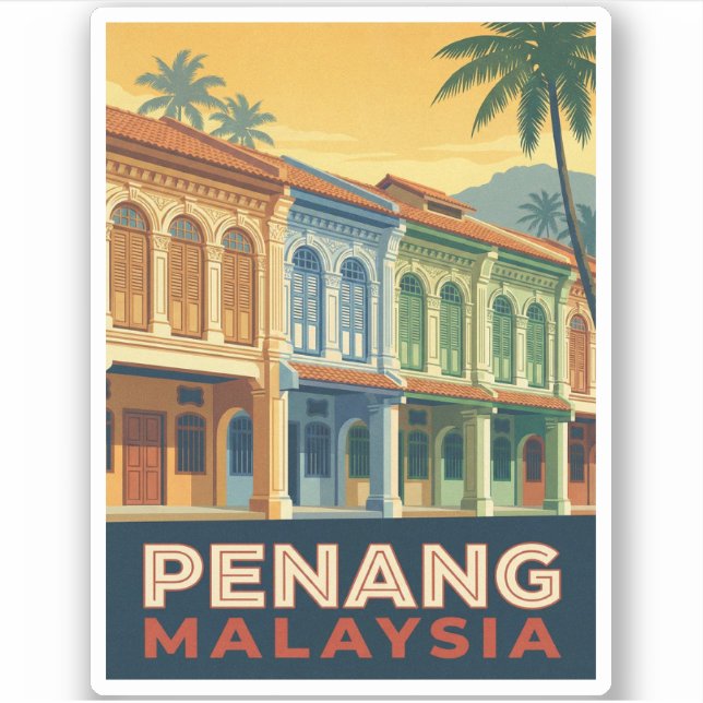 Pegatina Vintage Travel Penang Malaysia Retro Scenic (Anverso)