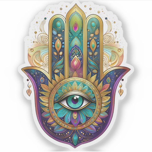 Pegatina Violet Green Gold Petals Hamsa Turquoise Third Eye (Anverso)
