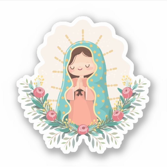 Pegatina Virgen de Guadalupe kawaii adornada con flores (Anverso)