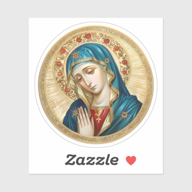 Pegatina Virgen María rezando con un círculo de flores roja (Hoja)