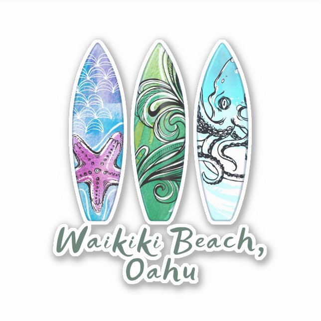 Pegatina Waikiki Beach Oahu Watercolor Surfboards (Anverso)