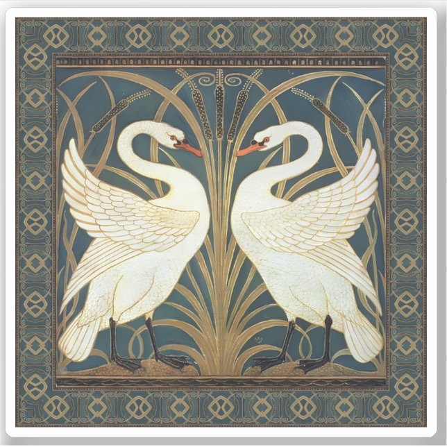 Pegatina Walter Crane Swan, Rush E Iris Art Nouveau (Anverso)
