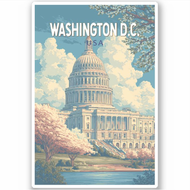 Pegatina Washington DC Capitol Viajes de arte Vintage (Anverso)
