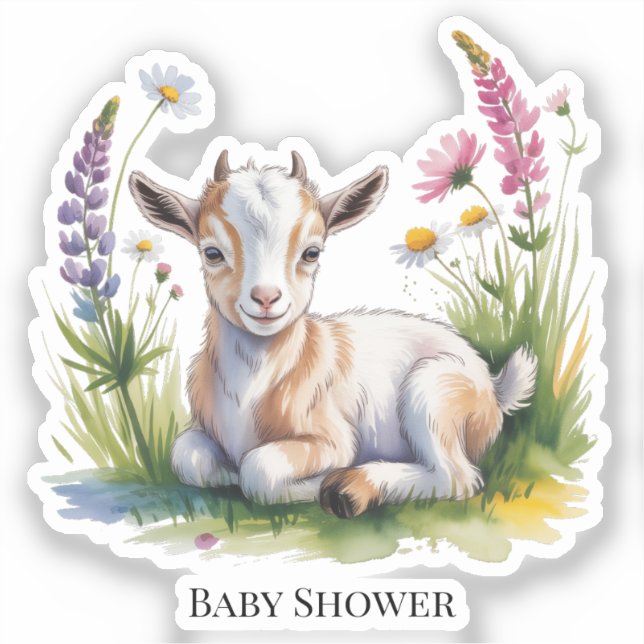 Pegatina Watercolor Baby Goat with Wildflowers Baby Shower (Anverso)