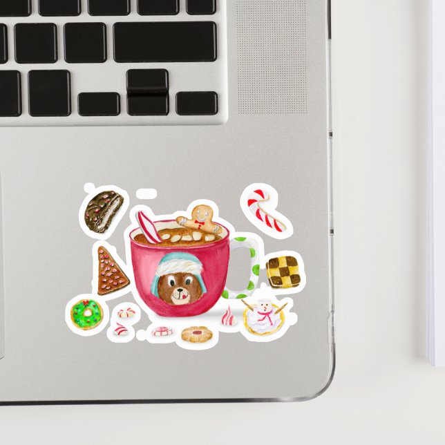 Pegatina Watercolor Chocolate Gingerbread Cookies Holiday (Decorate your laptop with this sweet Watercolor Hot chocolate with cookies!)