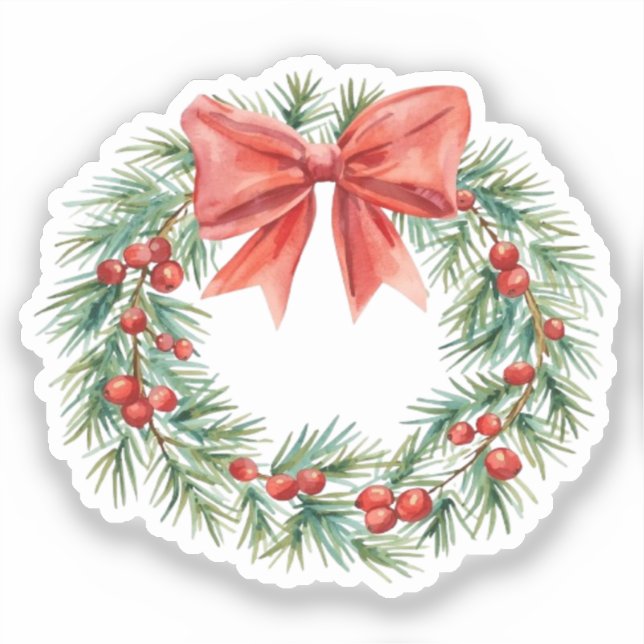 Pegatina Watercolor Christmas Wreath with Red Bow & Berries (Anverso)