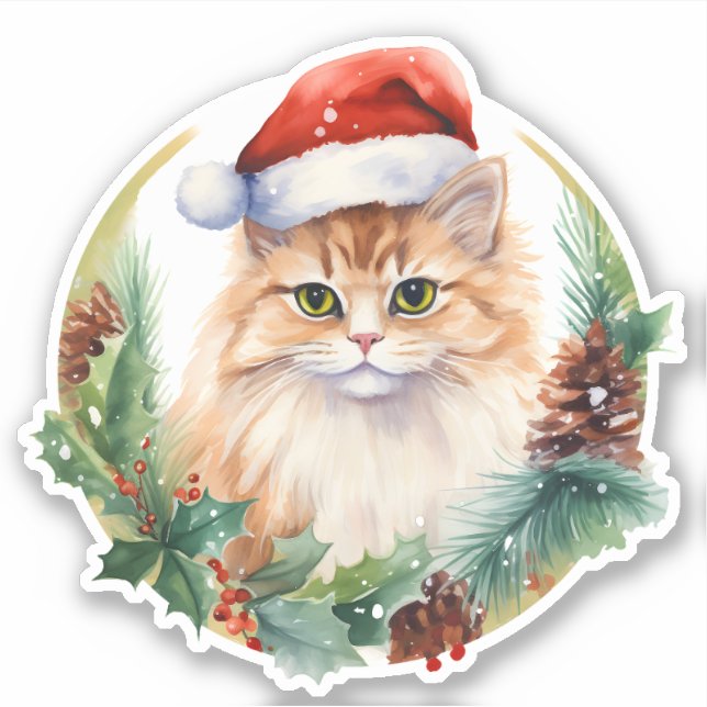 Pegatina Watercolor Cute Cat Holly Berries Y Pine Cone (Anverso)