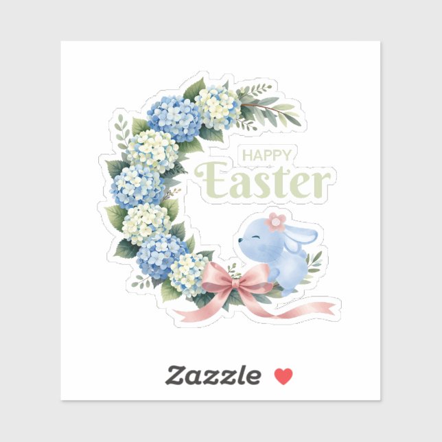 Pegatina Watercolor Easter Hydrangea Wreath Cute Bunny (Hoja)