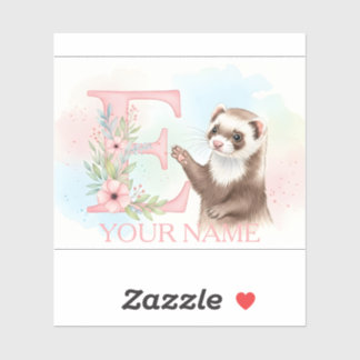 Pegatina Watercolor Ferret with Floral Letter E Monogram