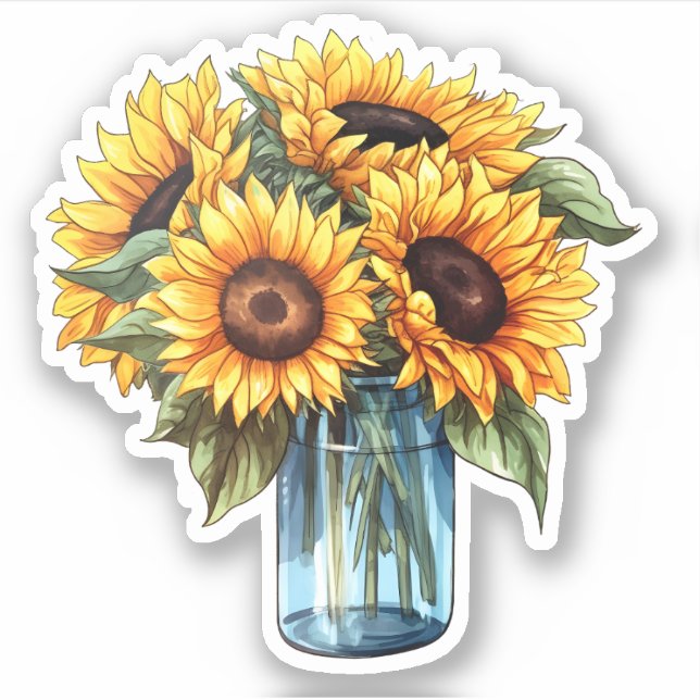 Pegatina Watercolor Floral Sunflower Mason Jar Bouquet (Anverso)