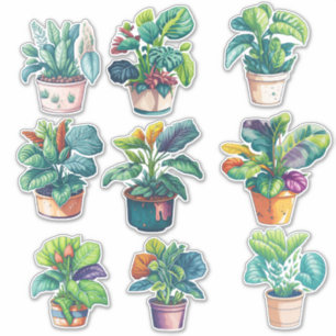 Pegatina Watercolor House Potted Plants Set