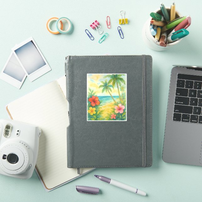 Pegatina Watercolor Tropical Beach Landscape Palms (Funda para iPad)