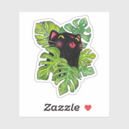 Pegatina Watercolor Whimsical Black Cat And Monstera Leaves