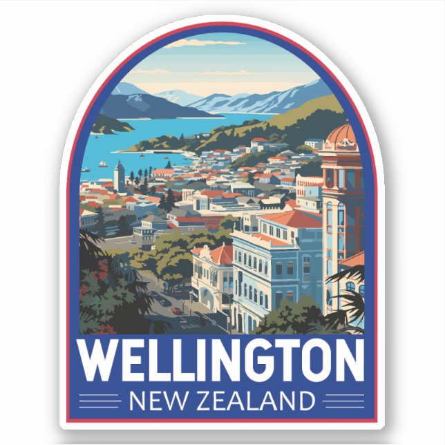 Pegatina Wellington New Zealand Travel Art Vintage (Anverso)